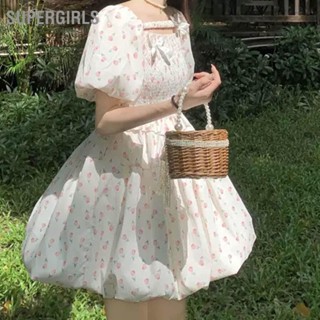 SUPERGIRLS ผู้หญิงชุดเดรสสั้นแขนพัฟ Cutout Shirred หน้าอกฤดูร้อนเสื้อผ้าแฟชั่นหลวม