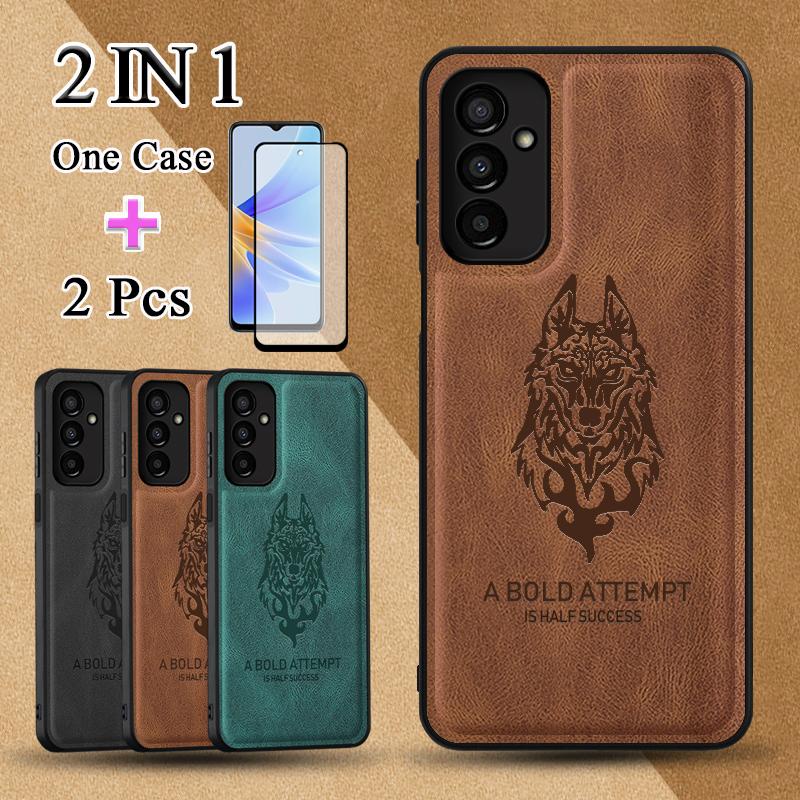 2 IN 1 สําหรับ Samsung Galaxy F23 5G M23 5G เคสโทรศัพท์หนังเคลือบพร้อมฟิล์มนิรภัยโค้ง