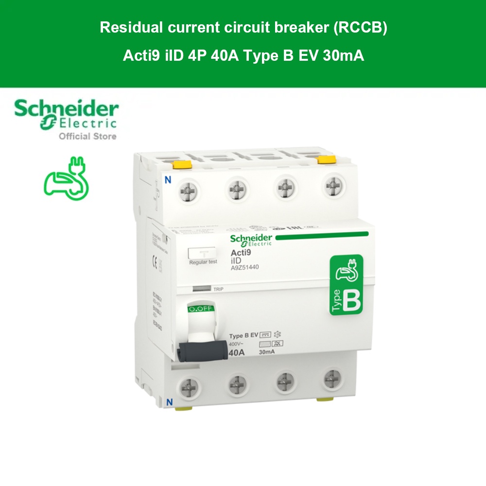 Schneider Electric A9Z51440 EV Charger 4โพล 40 แอมป์ Residual Current Circuit Breaker,Acti9 ilD 4P 4