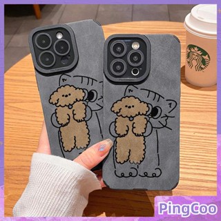 สำหรับ iPhone 11 Case Grey Leather Veneer Pupil Fur Case Soft Shockproof Case Cute Cat Bear Compatible with iPhone 14 Pro max 13 Pro max 12 Pro Max XR XS 7Plus 8Plus