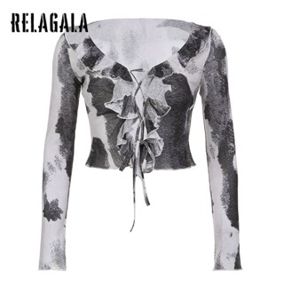 Relagala เสื้อยืดแขนยาว คอวี แต่งลูกไม้ น้ําหนักเบา สไตล์วินเทจ สําหรับผู้หญิง 2023