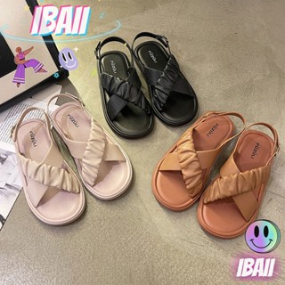 IBAII. นักเรียนสวมรองเท้าแตะส้นแบนสายไขว้สีทึบใหม่รองเท้าแตะแฟชั่น