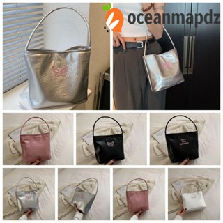 Oceanmapdz กระเป๋าสะพายไหล่ หนัง Pu ทรงโท้ท ลําลอง เรียบง่าย สีเงิน สําหรับเด็กผู้หญิง