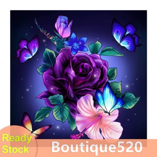 [boutique520.th] ภาพจิตรกรรมปักครอสสติตช์ รูปผีเสื้อ ดอกกุหลาบ สีม่วง 5D DIY