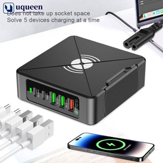 Uqueen อะแดปเตอร์ชาร์จ 75W 5 พอร์ต USB C PD QC3.0 Type C ชาร์จเร็ว พร้อมขาตั้งโรตารี่ A1M6