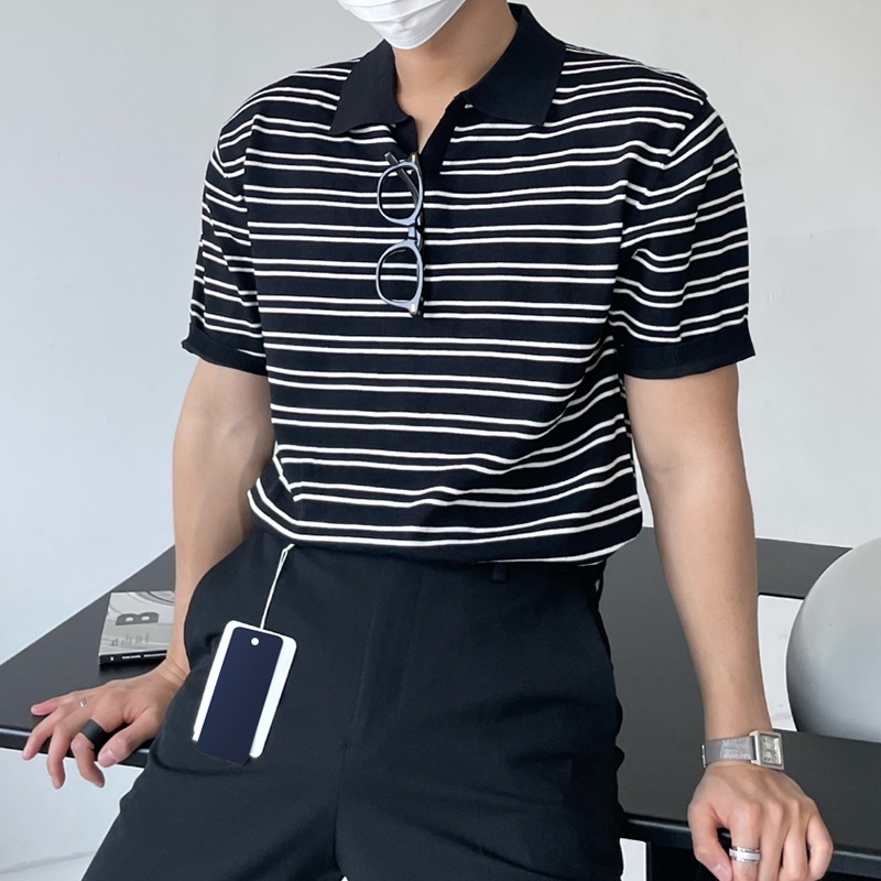 เสื้อโปโลแขนสั้น ผ้าถัก ลายทาง ระบายอากาศ ทรงหลวม เหมาะกับฤดูร้อน สําหรับผู้ชาย