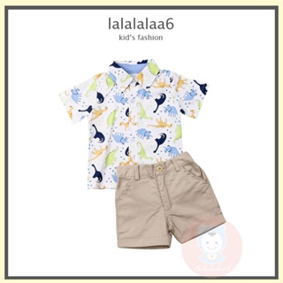 Laa6 เสื้อเชิ้ตแขนสั้น คอปก พิมพ์ลายไดโนเสาร์ และกางเกงขาสั้น สีพื้น สําหรับเด็กผู้ชาย