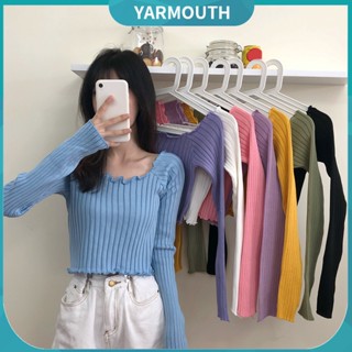 Yyr-- เสื้อเบลาส์ถัก แขนยาว สีพื้น ทรงสลิม สั้น ฤดูใบไม้ร่วง สําหรับผู้หญิง