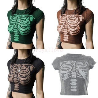 Royal Skeleton เสื้อยืดคอกลม แขนสั้น พิมพ์ลายโครงกระดูก สําหรับผู้หญิง