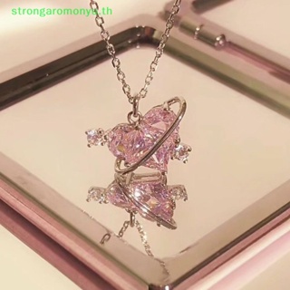 Strongaromonyu สร้อยคอโซ่ จี้รูปหัวใจ ดาวเคราะห์ ประดับเพทาย สีชมพู เครื่องประดับแฟชั่น สําหรับผู้หญิง ของขวัญวันวาเลน