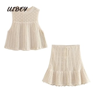 Uibey เสื้อกั๊ก คอกลม ผ้าแจ็คคาร์ด ตาข่าย แฟชั่น + กระโปรงยาวครึ่งหนึ่ง 2645