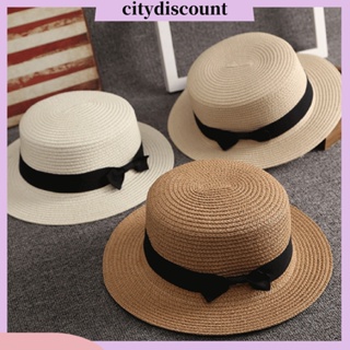 &lt;citydiscount&gt; หมวกฟางปีกกว้าง ประดับโบว์ ทรงโดมแบน พับได้ เครื่องประดับแฟชั่น สําหรับผู้หญิง