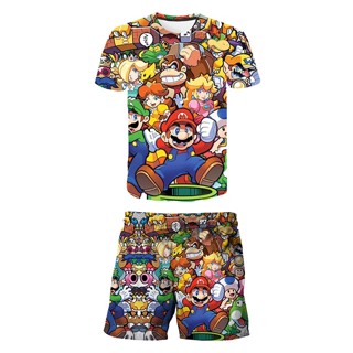 ใหม่ เสื้อยืดลําลอง แขนสั้น ลาย Mario Bros โอเวอร์ไซซ์ แฟชั่นฤดูร้อน สําหรับเด็กผู้ชาย 2023 2 ชิ้น