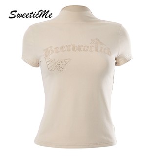 Sweeticme เสื้อยืดแขนสั้นลําลอง คอสูง พิมพ์ลายตัวอักษร ประดับเพชร แฟชั่นสําหรับสตรี 2023