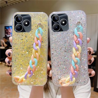 เคสโทรศัพท์มือถือ ซิลิก้าเจลนิ่ม ประดับเพชร พร้อมสร้อยข้อมือ สีรุ้ง สําหรับ Realme C53 NFC