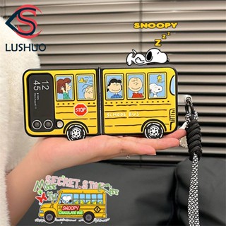 Lushuo เคสโทรศัพท์มือถือ ลายการ์ตูน Snoopy Charlie Bus น่ารัก พร้อมสายคล้อง สําหรับ Samsung Galaxy Z Flip 3 5G and Z Flip 4 Z Flip3 ZFlip3 ZFlip 3 Z Flip4 ZFlip 4