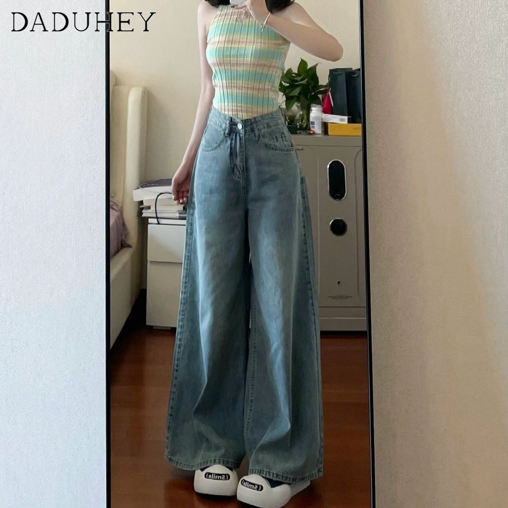 DaDuHey Korean Style Women New Retro Wash Blue Wide Leg Jeans Design Loose Plus Size Wide Leg Loose Casual Mopping Pants