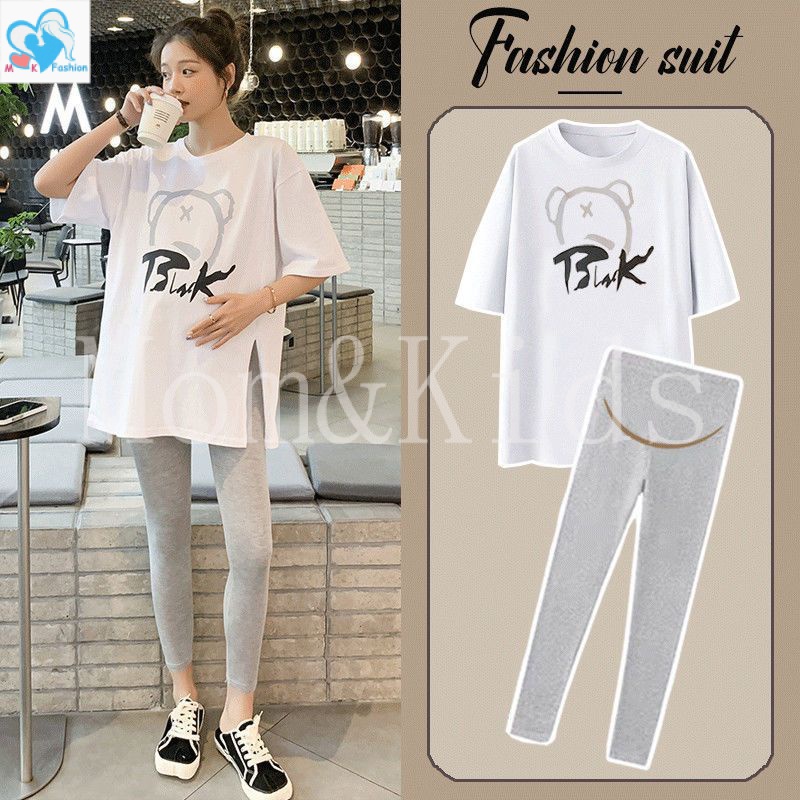เสื้อยืดแขนสั้น ผ้าฝ้ายแท้ ทรงหลวม ขนาดใหญ่ แฟชั่นฤดูร้อน สําหรับคุณแม่ และเด็กคลอดบุตร สองชิ้น