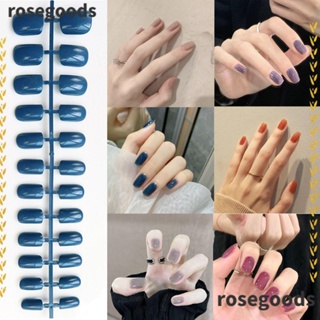 Rosegoods1 เล็บปลอมแฟชั่น หัวเหลี่ยม แบบสั้น ถอดออกได้ สีพื้น 24 ชิ้น