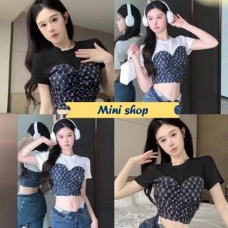 Mini shop🌸พร้อมส่ง🌸 (95139) เสื้อไหมพรมคอกลม แขนสั้น เย็บลวดลาย  -C