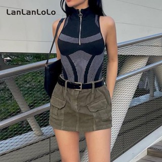 Lanlanlolo เสื้อกล้ามแขนกุด คอปก มีซิป พิมพ์ลาย สีตัดกัน สําหรับผู้หญิง 2023