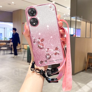 พร้อมส่ง เคสโทรศัพท์มือถือ ซิลิโคน แต่งกลิตเตอร์ ไล่โทนสี ลายดอกกุหลาบ พร้อมสายคล้อง สําหรับ OPPO A78 NFC OppoA78 4G 5G 2023 A78Nfc