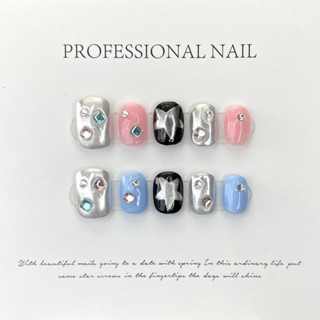 【HANDMADE】เล็บปลอม Y2k นํากลับมาใช้ใหม่ได้ สีชมพู สีฟ้า สีตัดกัน สําหรับตกแต่งเล็บ