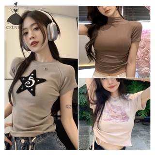 Kans เสื้อครอปท็อป คอกลม แขนสั้น ปักลายดาว สําหรับผู้หญิง Y2k TH