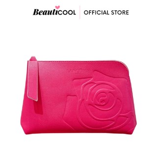 LANCOME Leather Medium Cosmetic Bag Shocking Pink ฉลุลายกุหลาบ คุณภาพดี