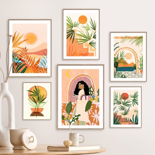 Boho Sun Tropical Leaves Plant Girl Abstract ภาพจิตรกรรมบนผ้าใบ สไตล์นอร์ดิก สําหรับตกแต่งผนังบ้าน ห้องนั่งเล่น