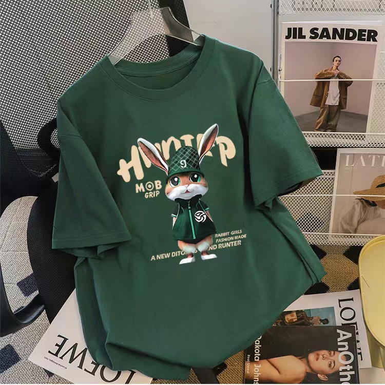 เสื้อยืดแขนสั้นลําลอง ความยาวปานกลาง พิมพ์ลายการ์ตูนกระต่าย แฟชั่นฤดูร้อน สไตล์เกาหลี สําหรับผู้หญิง