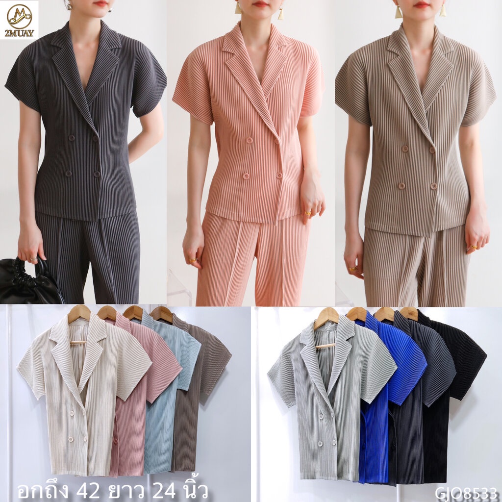 2MUAY รุ่น GJO8533 THICK SHORT SLEEVE COLLAR BUTTON FRONT PLEAT TOP เสื้อผู้หญิง เสื้อพลีทคุณภาพ 8สี FREE SIZE - รูปที่ 5