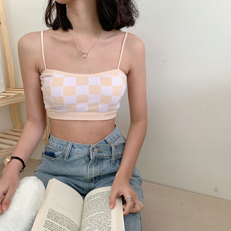 Vogue🌟พร้อมส่ง🌟 เสื้อสายเดี่ยวไหมพรม มีฟองน้ำ ใส่สบายลายตารางสีน่ารัก (FY548) -H-N - รูปที่ 3