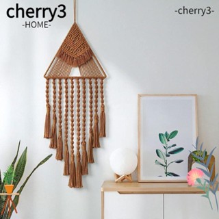 Cherry3 พรมถักมือ ผ้าฝ้าย ลูกปัดไม้ สีน้ําตาล ขนาด 27x11 นิ้ว สําหรับแขวนตกแต่งผนังห้องนอน