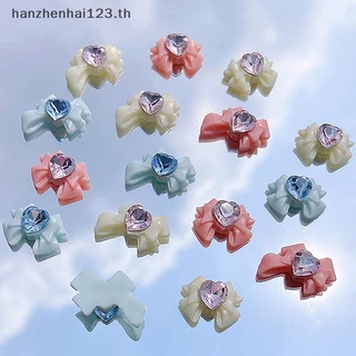 HANHAI 10 ชิ้น/5 ชิ้น 3D เรซิ่น Bowknot เล็บ Ch สีชมพูริบบิ้นโบว์ Rhinestone เครื่องประดับอะไหล่ตกแต่งเล็บ DiIY Salon อุปกรณ์เสริมของขวัญ TH