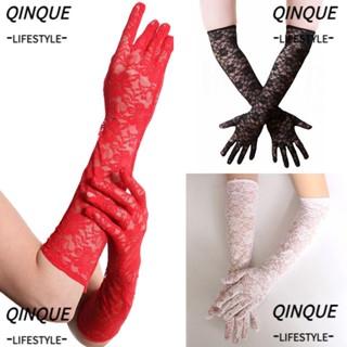 Qinjue ถุงมือยาว บางพิเศษ พิมพ์ลายดอกกุหลาบ ลูกไม้ สีดํา สําหรับขับรถ ฮาโลวีน