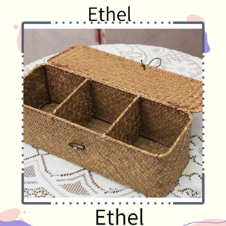 Ethel1 ตะกร้าหวายสาน ทรงสี่เหลี่ยม พร้อมฝาปิด 3 ช่อง ทนทาน สําหรับจัดเก็บเครื่องสําอาง ขนมขบเคี้ยว