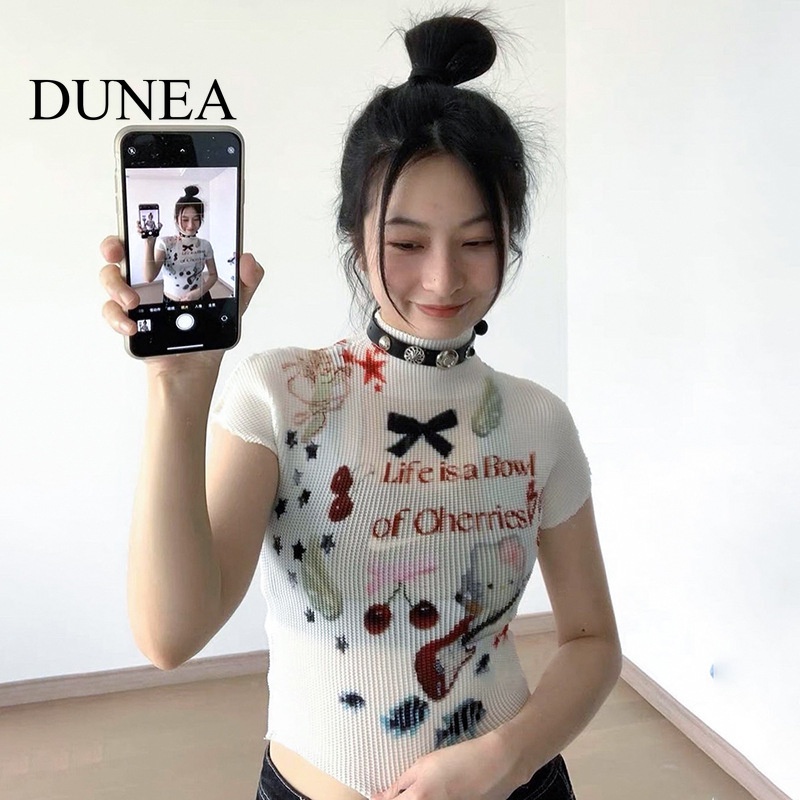 เสื้อยืด คอสูง แขนสั้น พิมพ์ลายน่ารัก สไตล์ Y2K สําหรับผู้หญิง