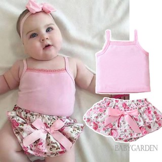 Babygarden-0-2 ปี ชุดเสื้อผ้าเด็กผู้หญิง, เสื้อกล้ามสลิง แต่งขอบลูกไม้ พร้อมโบว์สองชั้น ชายระบาย ลายดอกไม้