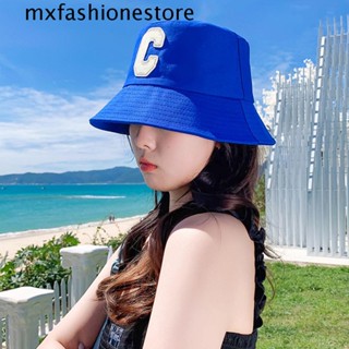 Mxfashione หมวกบักเก็ต หมวกบังแดด ผ้าฝ้าย ระบายอากาศ พิมพ์ลายตัวอักษร C สีพื้น ฤดูร้อน สไตล์เกาหลี สําหรับผู้หญิง