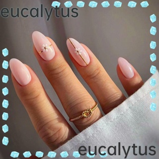 Eucalytus1 เล็บปลอม ลายดอกไม้ อัลมอนด์ แบบยาว ถอดออกได้ สไตล์ฝรั่งเศส DIY