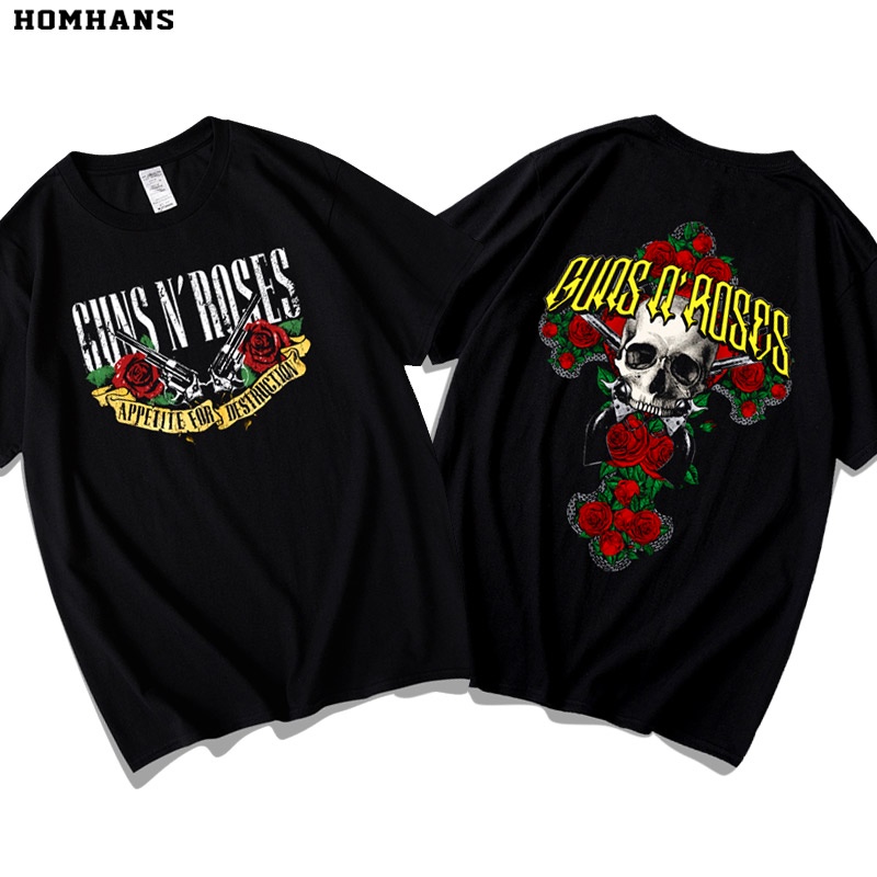 Guns& 039;N& 039;Roses Guns and Roses Guns Band Rock เสื้อยืดแขนสั้นพิมพ์ลายผ้าฝ้ายแท้น้ําหลวมสําหรั