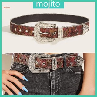 Mojito เข็มขัดคาวบอย ประดับพลอยเทียม ลายดอกไม้ สไตล์คาวบอย สําหรับผู้หญิง ผู้ชาย