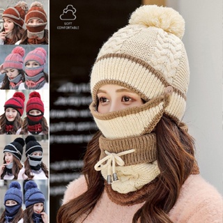 3Pcs Women Beanie Hat Knitted Pom Pom Scarf Mask Set Winter Warm Snow Ski Cap