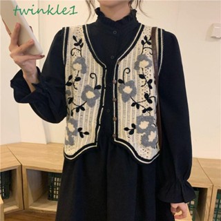 Twinkle1 เสื้อครอปท็อปลําลอง แขนกุด ปักลายดอกไม้ ทรงหลวม สไตล์เกาหลี เรโทร เหมาะกับฤดูร้อน สําหรับผู้หญิง