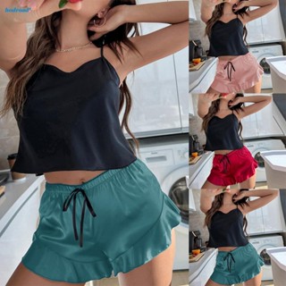 【HODRD】Women Pajamas Suit Suspender Top Ruffled Shorts Satin Silk Sexy Casual Homewear【Fashion】