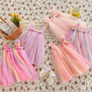 Hot rainbow gauze girls dress wooden edge princess skirt Pengpeng skirt suspender girls skirt EEFJ