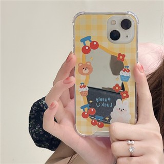 Bella _ เคสโทรศัพท์มือถือแบบนิ่ม ลายหมีเชอร์รี่น่ารัก พร้อมกระจก สําหรับ iphone XR XS 11 12 13 14 15 pro max mini S PLUS