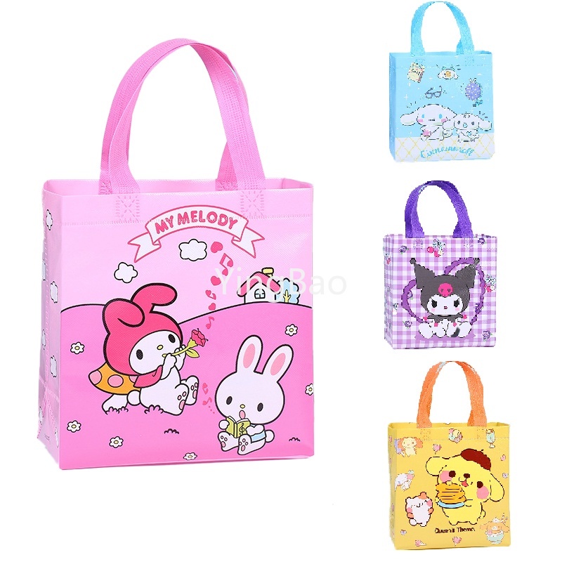 อะนิเมะน่ารัก Kuromi Pompompurin Cinnamoroll กระเป๋าช้อปปิ้งมือถือสไตล์ญี่ปุ่นการ์ตูนถุงของขวัญกระเป๋าไม่ทอถุงเก็บ