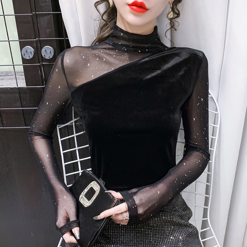 เสื้อท็อปแขนยาว คอสูง ผ้าโปร่ง เข้ารูปเซ็กซี่ ระดับไฮเอนด์ สไตล์ตะวันตก สีทอง แฟชั่นฤดูใบไม้ผลิ และฤดูใบไม้ร่วง สําหรับผู้หญิง